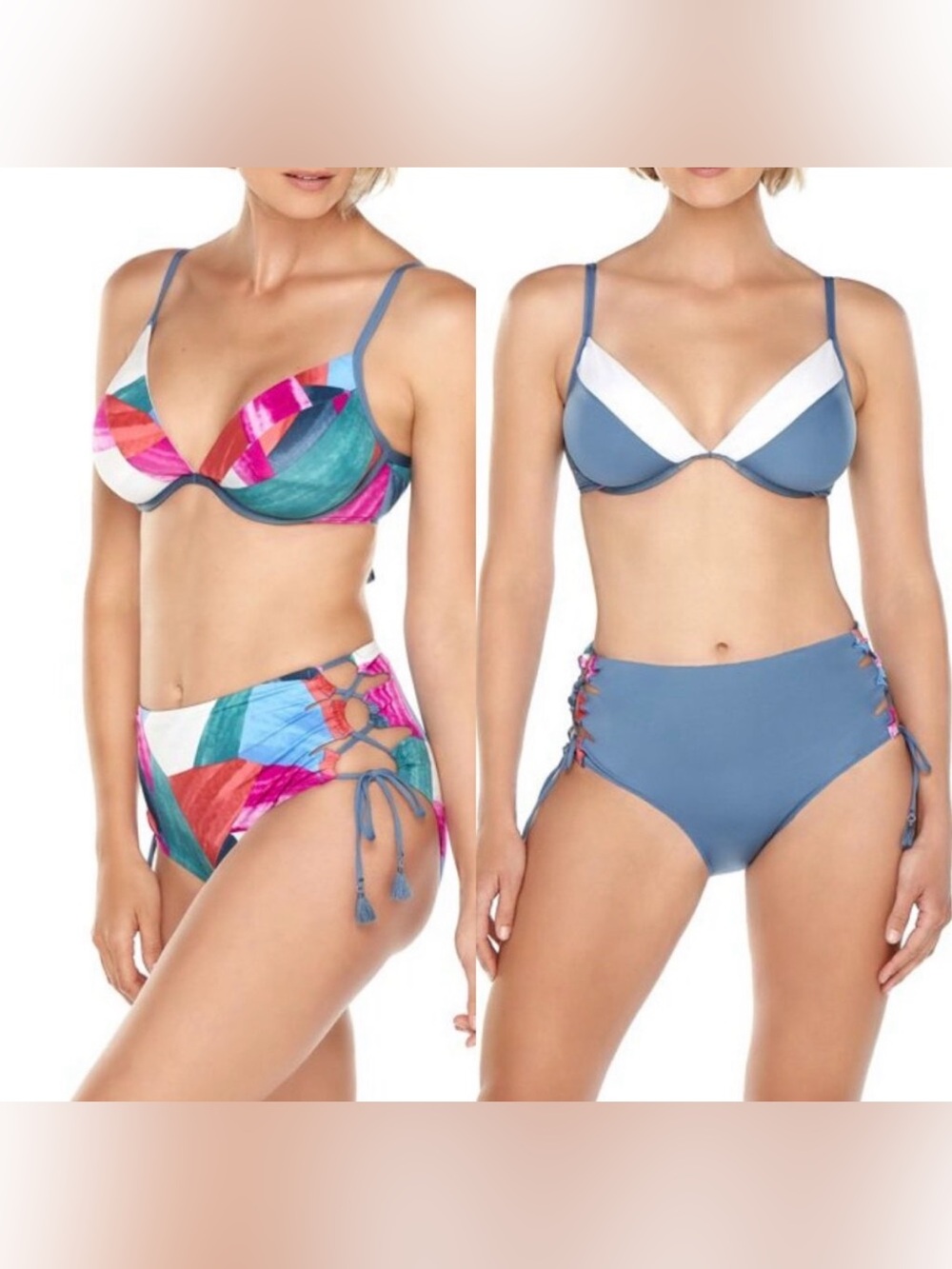 Time and Tru Reversible High-Waist Bikini Set in Blue and Multi-Color